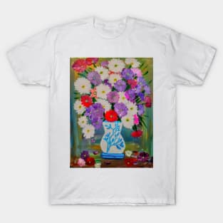 abstract carnations in a white vase with turquoise flowers on it . T-Shirt